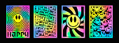 Set of Trendy Abstract Acid Style Posters. Cool Smile Psychedelic Placards. Rainbow Trippy Art.