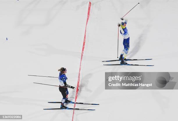 Maja Dahlqvist of Team Sweden celebrates after winning the Silver medal and Jessie Diggins of Team United States celebrates after winning the Bronze...