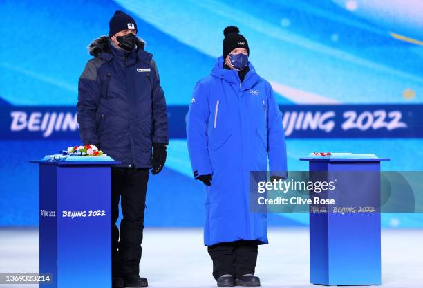 Jiri Hamza, IBU Vice President and IOC Member Albert II, Prince of Monaco look on during the Women's Biathlon 15km Individual medal ceremony on Day 4...