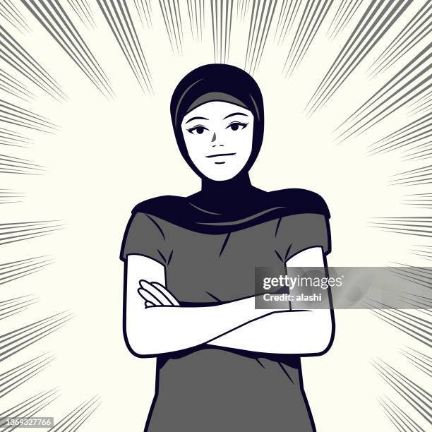 young beautiful muslim woman with hijab, crossed arms, wearing casual clothes, looking into the distance, front view, comics effects lines background - muslim rebel stock illustrations