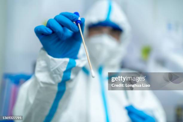 an asian female doctor holds a swab - coronavirus test foto e immagini stock