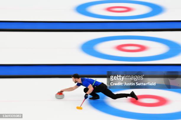 Amos Mosaner of Team Italy competes against Team Norway during the Curling Mixed Doubles Gold Medal Game on Day 4 of the Beijing 2022 Winter Olympics...