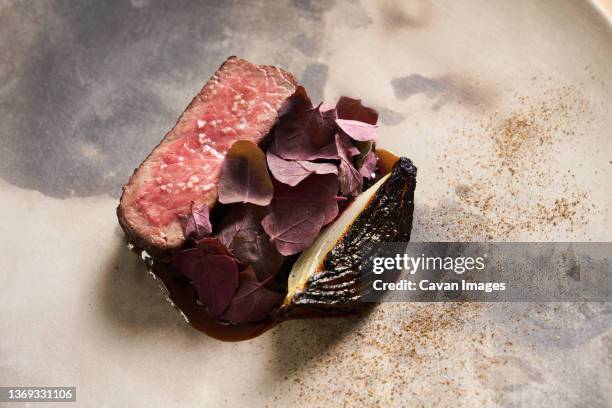 delicious steak dish with modern plating on ceramic plate - food plating stock-fotos und bilder