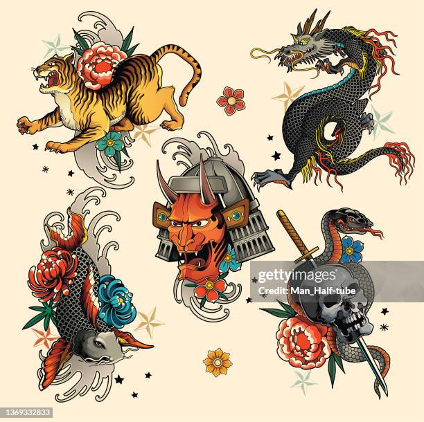 illustrations, cliparts, dessins animés et icônes de ensemble de tatouages japonais - samurai tattoo images