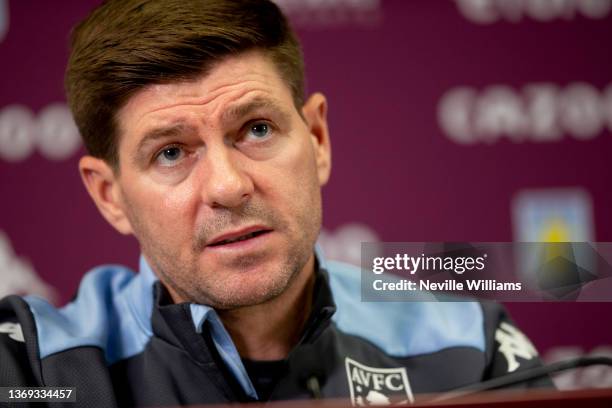 Steven Gerrard head coach of Aston Villa talks to the press during a press conference at Bodymoor Heath training ground on February 08, 2022 in...