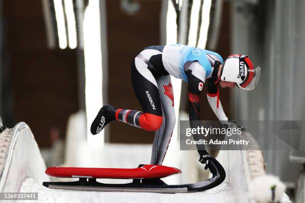 Trinity Ellis of Team Canada reacts after crashing in her Women's Singles Luge Run 4 on day four of the Beijing 2022 Winter Olympic Games at National...