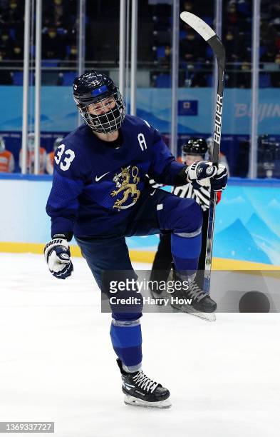 Forward Michelle Karvinen of Team Finland celebrates her goal against Team ROC in the first period during the Women's Preliminary Round Group A match...