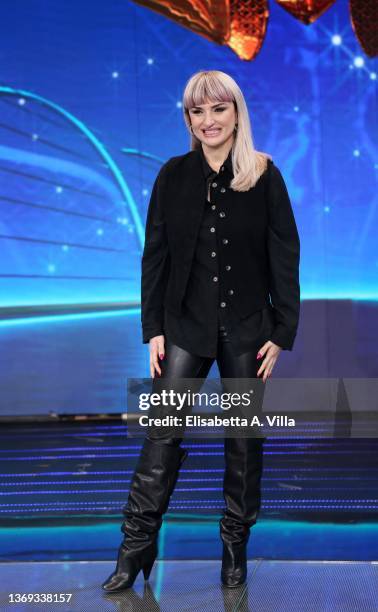 Rosalba Pippa aka Arisa attends the photocall of the tv show "Il Cantante Mascherato" at Auditorium Rai on February 08, 2022 in Rome, Italy.