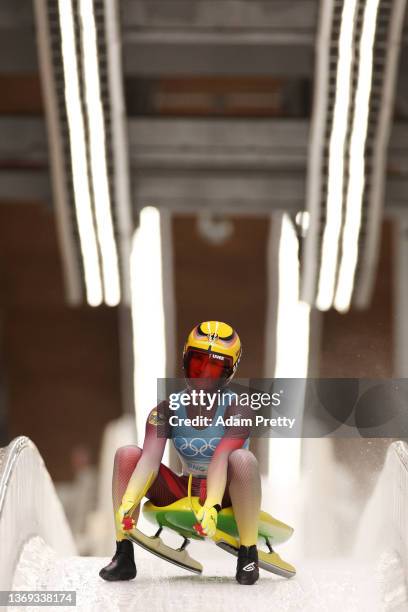 Julia Taubitz of Team Germany reacts after her Women's Singles Luge Run 4 on day four of the Beijing 2022 Winter Olympic Games at National Sliding...