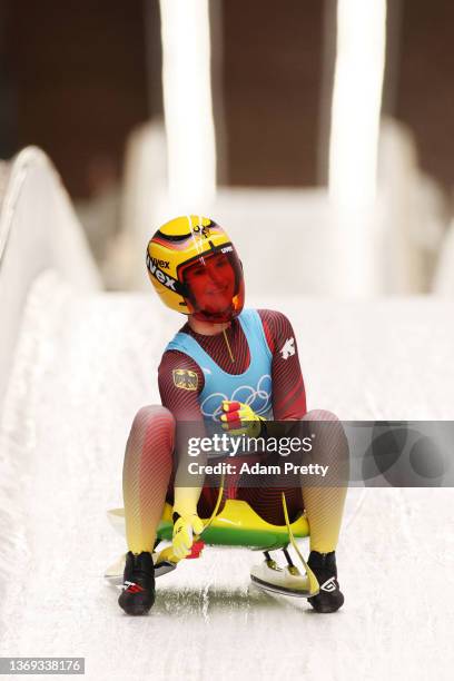 Julia Taubitz of Team Germany reacts after her Women's Singles Luge Run 4 on day four of the Beijing 2022 Winter Olympic Games at National Sliding...