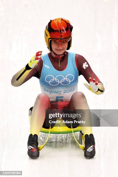 Julia Taubitz of Team Germany reacts after her Women's Singles Luge Run 4 on day four of the Beijing 2022 Winter Olympic Games at National Sliding...