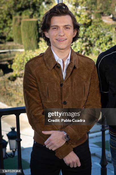 Actor Tom Holland attends 'Uncharted' photocall at the Royal Theater on February 08, 2022 in Madrid, Spain.