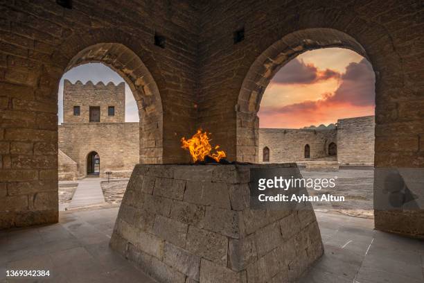 ateshgah, temple of fire at surakhany town in baku, azerbaijan - zoroastrianism stock pictures, royalty-free photos & images