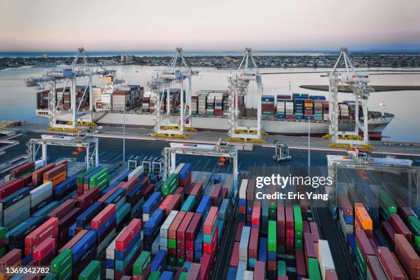 aerial view of busy melbourne port at morning - australia economy stock-fotos und bilder