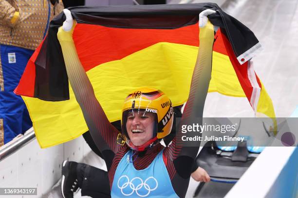 Gold medallist Natalie Geisenberger of Team Germany celebrates winning the Women's Singles Luge Run 4 on day four of the Beijing 2022 Winter Olympic...