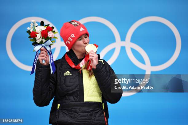 Gold medallist Natalie Geisenberger of Team Germany celerbates during the Women's Singles Luge medal ceremony on day four of the Beijing 2022 Winter...