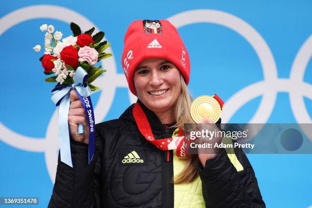 Gold medallist Natalie Geisenberger of Team Germany poses during the Women's Singles Luge medal ceremony on day four of the Beijing 2022 Winter...