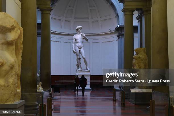 Italian rinascimental artist Michelangelo Buonarroti's masterpiece "David" and "Prigione" at the Galleria dell'Accademia museum on February 07, 2022...