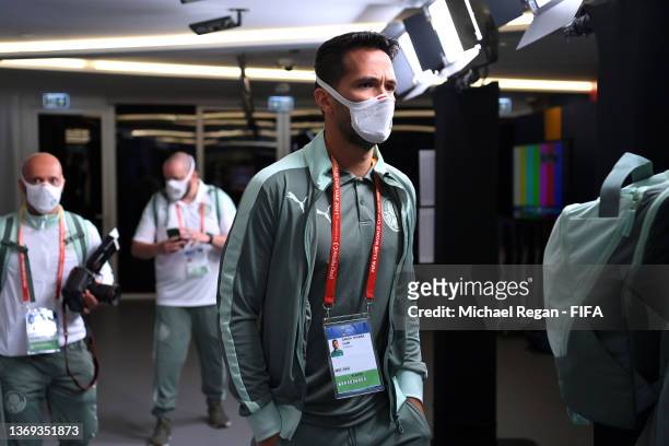 Luan Garcia of Palmeiras is seen wearing a face mask as he arrives at the stadium prior to the FIFA Club World Cup UAE 2021 Semi Final match between...