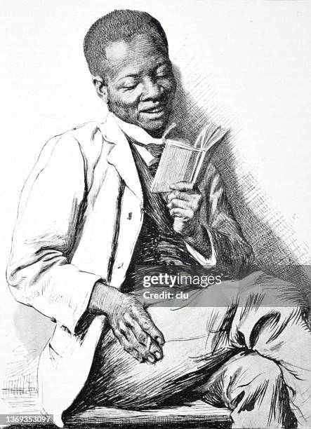 black man reads a book and smiles - cartoon man stock illustrations