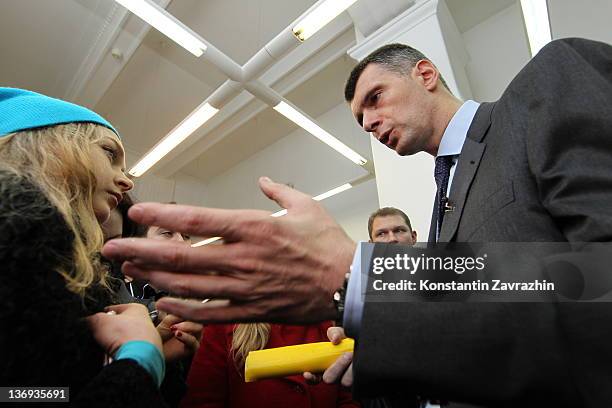 Russian businessman and candidate for Presidential Elections Mikhail Prokhorov meets with supporters and local residents during a public reception on...