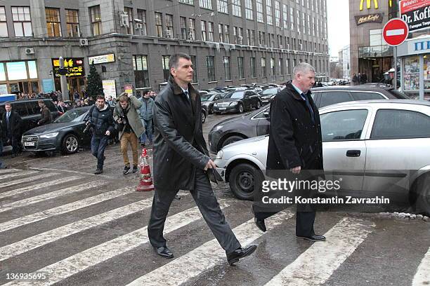 Russian businessman and candidate for Presidential Elections Mikhail Prokhorov after a meeting with supporters and local residents during a public...