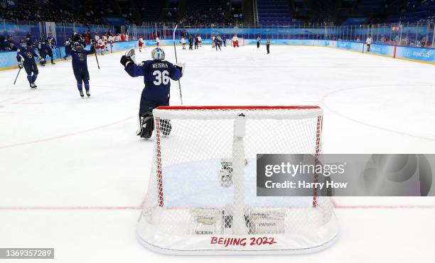 Goalkeeper Anni Keisala of Team Finland celebrates her teams 5-0 win over Team ROC during the Women's Preliminary Round Group A match at National...