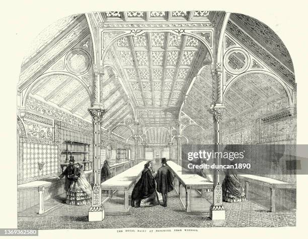 royal dairy at frogmore, near windsor, victorian english architecture, 1860s, 19th century - dairy factory stock illustrations