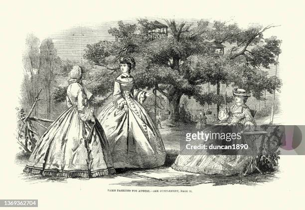paris women's fashions for august, women's fashion 1860s, day dresses - petticoat stock illustrations