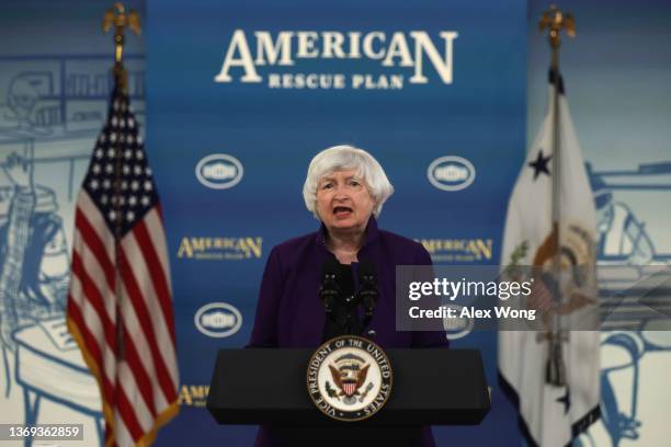 Secretary of the Treasury Janet Yellen speaks during a Child Tax Credit/Earned Income Tax Credit Day of Action event at the South Court Auditorium at...