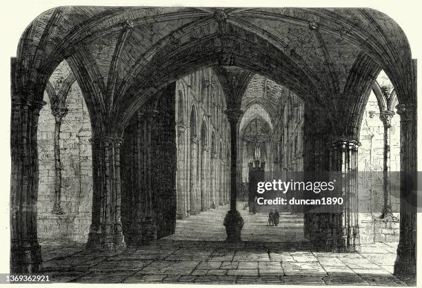 ilustraciones, imágenes clip art, dibujos animados e iconos de stock de entrada a la nave de la catedral de peterborough, 1861, siglo 19 - techo abovedado