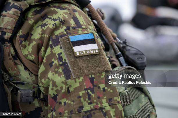 Estonia flag patch during military training at Central Training Area on February 8, 2022 in Lasna, Estonia. Tensions between the NATO military...