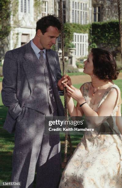 American actor Aidan Quinn and English actress Kate Beckinsale in a scene from the film 'Haunted', 1995.