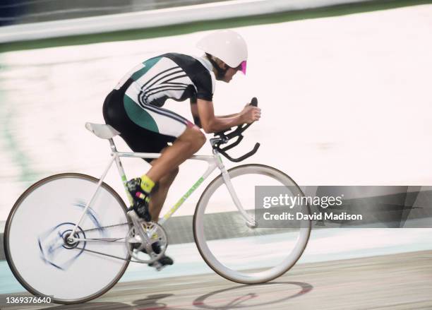 Kathy Watt of Australia rides to a gold medal in the 3000 meter Individual Pursuit event of the Cycling competition of the 1992 Olympics on July 20,...
