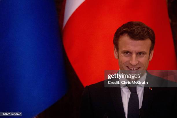 French President Emmanuel Macron speaks to the media during a joint press conference with Ukrainian President Volodymyr Zelensky after their meeting...