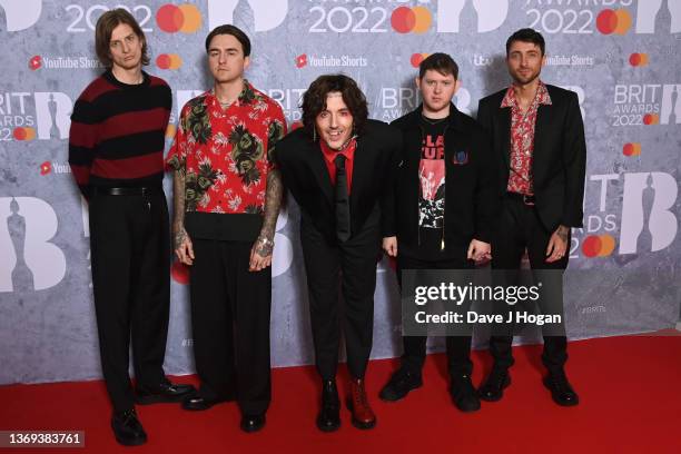 Matt Kean, Mat Nicholls, Oliver Sykes, Lee Malia and Jordan Fish of Bring Me The Horizon attend The BRIT Awards 2022 at The O2 Arena on February 08,...