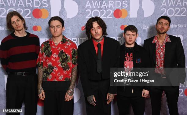 Matt Kean, Mat Nicholls, Oliver Sykes, Lee Malia and Jordan Fish of Bring Me The Horizon attend The BRIT Awards 2022 at The O2 Arena on February 08,...