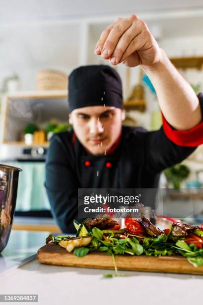 selective focus shot of chef adding a pinch of salt on a dish he prepared - adicionar sal imagens e fotografias de stock