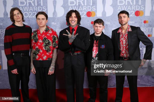 Matt Kean, Mat Nicholls, Oliver Sykes, Lee Malia and Jordan Fish of Bring Me The Horizon attend The BRIT Awards 2022 at The O2 Arena on February 08,...