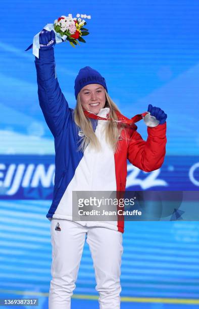 Silver medallist Tess Ledeux of Team France celebrates during the Women's Freestyle Skiing Freeski Big Air medal ceremony on Day 4 of the Beijing...