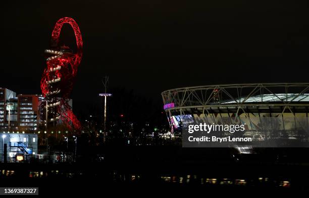 General view outside the stadium prior to the Premier League match between West Ham United and Watford at London Stadium on February 08, 2022 in...