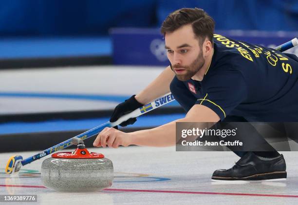 Oskar Eriksson of Team Sweden during the Curling Mixed Doubles Bronze Medal Game against Great Britain on Day 4 of the Beijing 2022 Winter Olympics...
