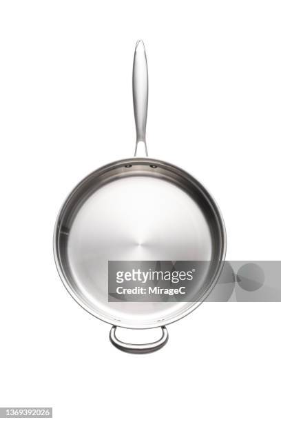 stainless steel cooking pan directly above on white - frying pan from above stock pictures, royalty-free photos & images