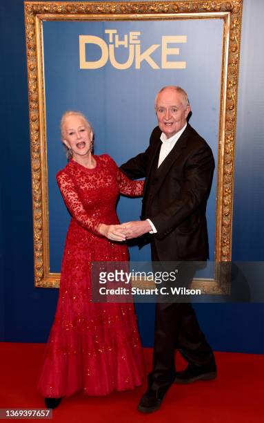 Dame Helen Mirren and Jim Broadbent arrive at Trafalgar Square ahead of the UK Premiere of "The Duke" at The National Gallery on February 08, 2022 in...