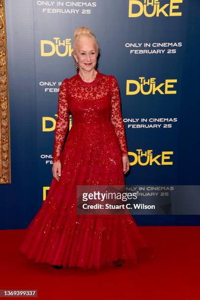 Dame Helen Mirren arrives at Trafalgar Square ahead of the UK Premiere of "The Duke" at The National Gallery on February 08, 2022 in London, England.