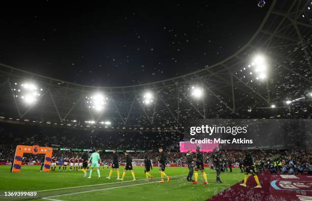 General view inside the stadium as Watford enter the pitch prior to the Premier League match between West Ham United and Watford at London Stadium on...