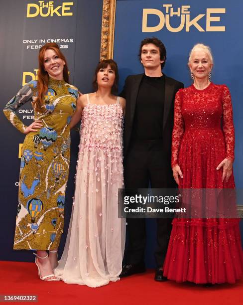 Charlotte Spencer, Aimee Kelly, Fionn Whitehead and Dame Helen Mirren attend the UK Premiere of "The Duke" at The National Gallery on February 08,...