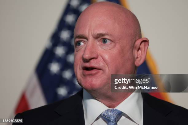 Sen. Mark Kelly speaks during a press conference following the weekly Democratic caucus policy luncheon on February 08, 2022 in Washington, DC....