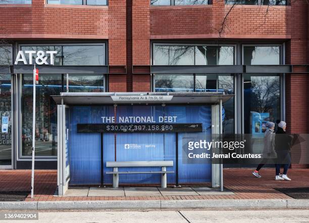 Peterson Foundation billboard displaying the national debt is pictured on Pennsylvania Avenue in South East Washington DC on February 08, 2022 in...
