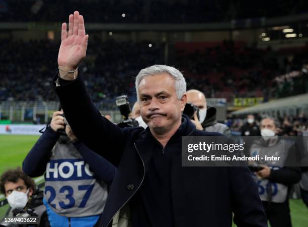 Head Coach of AS Roma Jose Mourinho greets the fans before the Coppa Italia match between FC Internazionale and AS Roma at Stadio Giuseppe Meazza on...